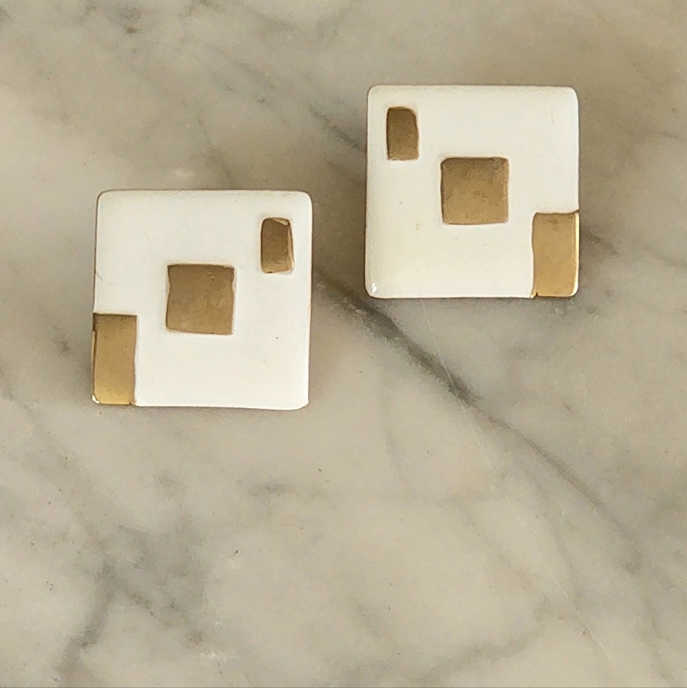 Vintage Geometric White + Metallic Stud Earrings